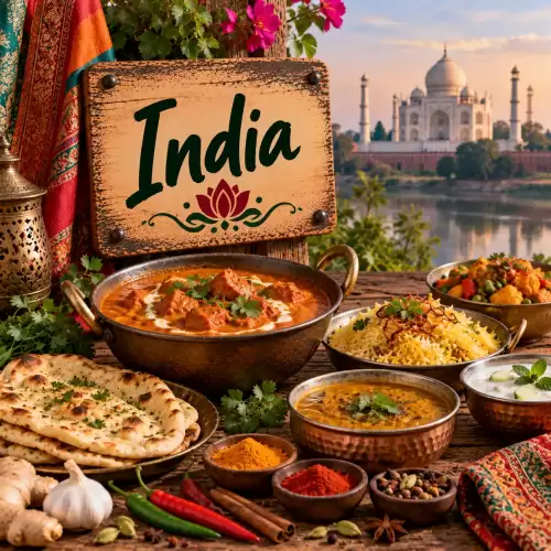 Indiase recepten met curry, biryani, dal, naan, raita, groenten, kruiden en specerijen op een rustieke houten tafel