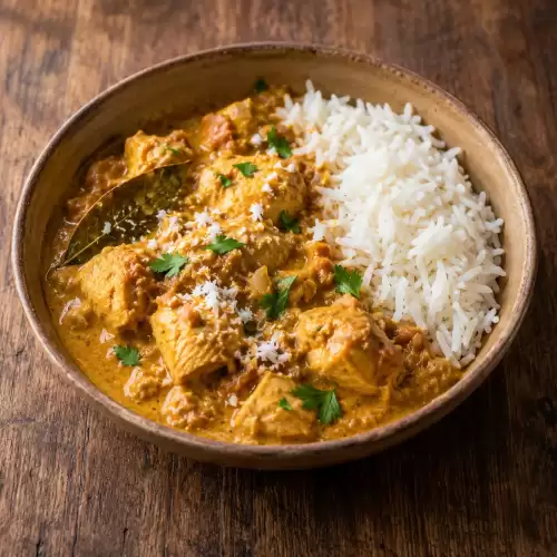 Indische kip in kruidige yoghurtsaus met saffraanrijst, geroosterde kokos, rozijnen en citroen