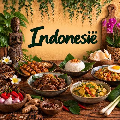 Indonesische gerechten met rendang, saté, nasi goreng, rijst, groentegerecht, kroepoek, sambal en aromatische kruiden op een rustieke houten tafel