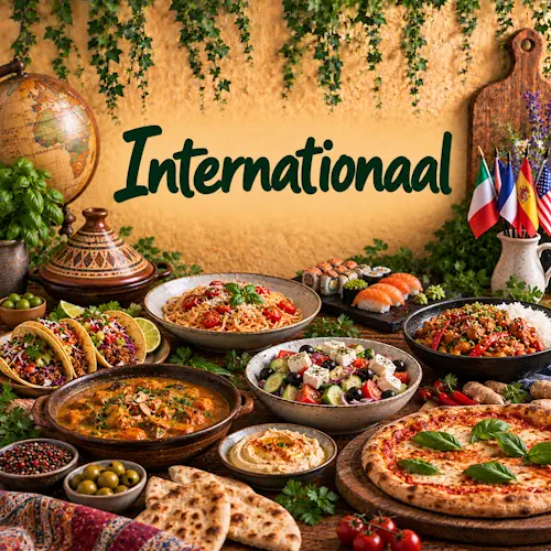 Internationale gerechten met pizza, pasta, sushi, taco’s, curry, rijst, salade, hummus en andere gerechten uit verschillende wereldkeukens op een rustieke houten tafel