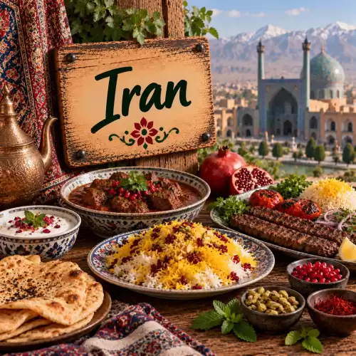 Iraanse recepten met saffraanrijst, kebab, stoofgerechten, platbrood, yoghurt, granaatappel, pistachenoten en verse kruiden op een rustieke houten tafel