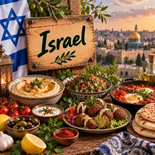 Israëlische recepten met hummus, falafel, shakshuka, salade, pitabrood, olijven, tahin en verse kruiden op een rustieke houten tafel