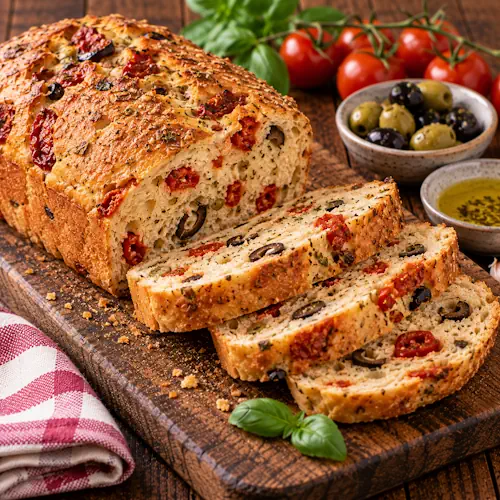 Italiaans pestobrood uit de broodbakmachine met een goudbruine korst en een luchtige binnenkant met groene pesto, basilicum en pijnboompitten.