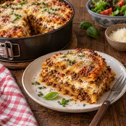 Italiaanse macaronilasagne met rundergehakt, tomaat, mozzarella, kwark en Parmezaanse kaas