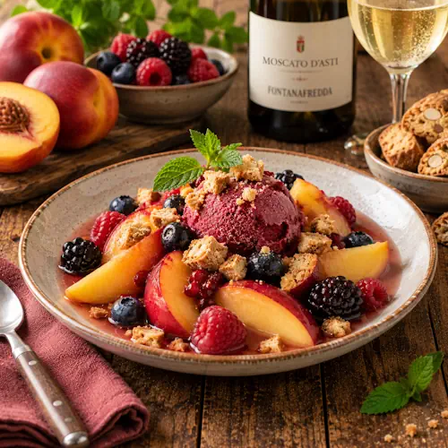 Italiaanse nectarines gemarineerd in Moscato d’Asti met zomerfruit, bosvruchtensorbet en krokante cantuccini