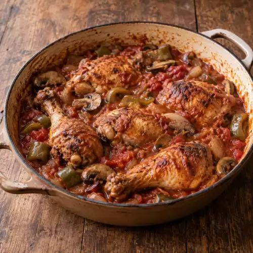Cacciatore kip met tomaat, groene paprika, champignons en ui.