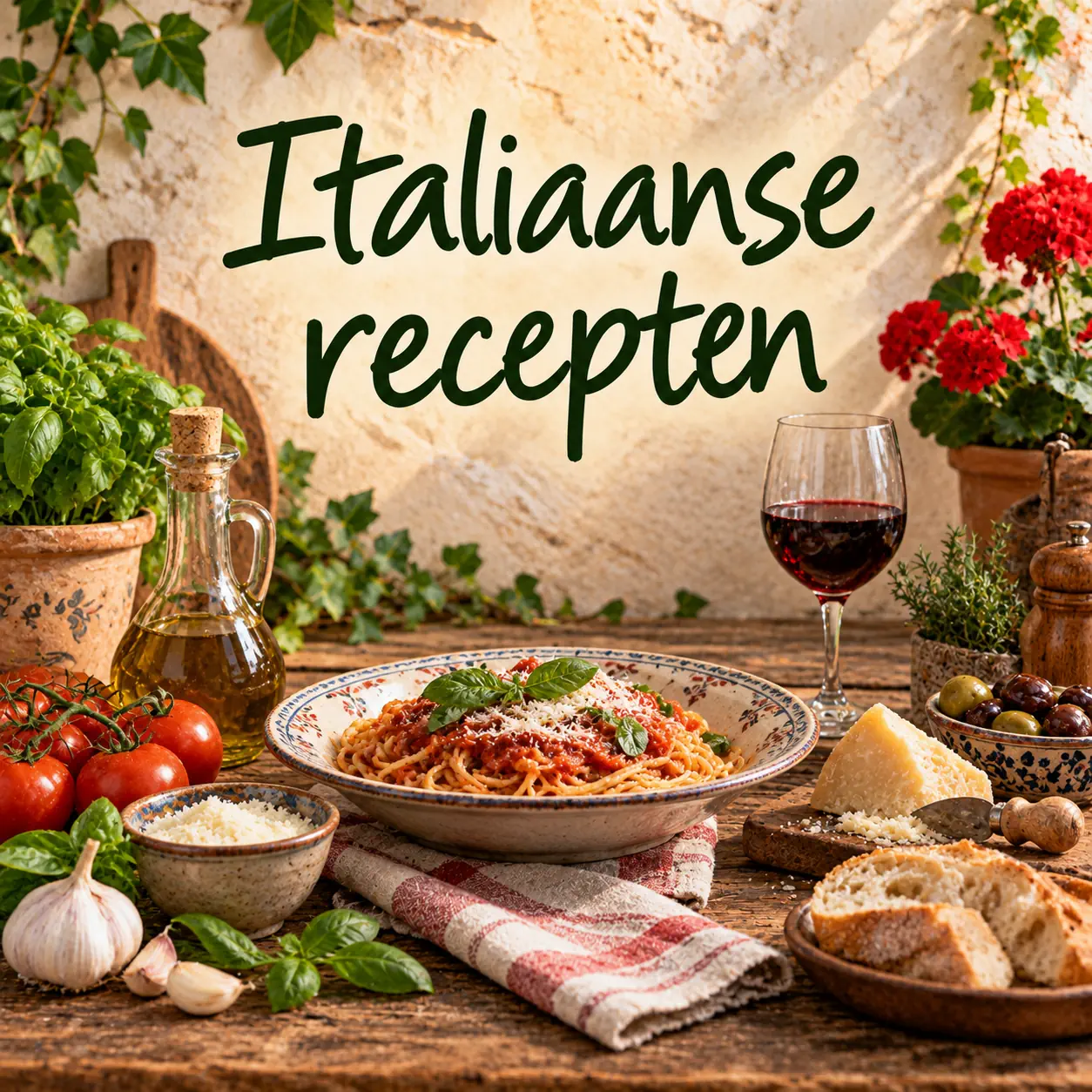 Italiaanse gerechten met pasta, tomaten, Parmezaanse kaas, olijven, brood, basilicum, knoflook en olijfolie op een rustieke houten tafel