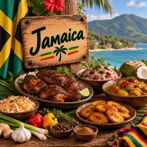 Jamaicaanse recepten met jerk chicken, rice and peas, curry, gebakken bakbananen, groenten, kokos en traditionele Caribische ingrediënten op een rustieke houten tafel