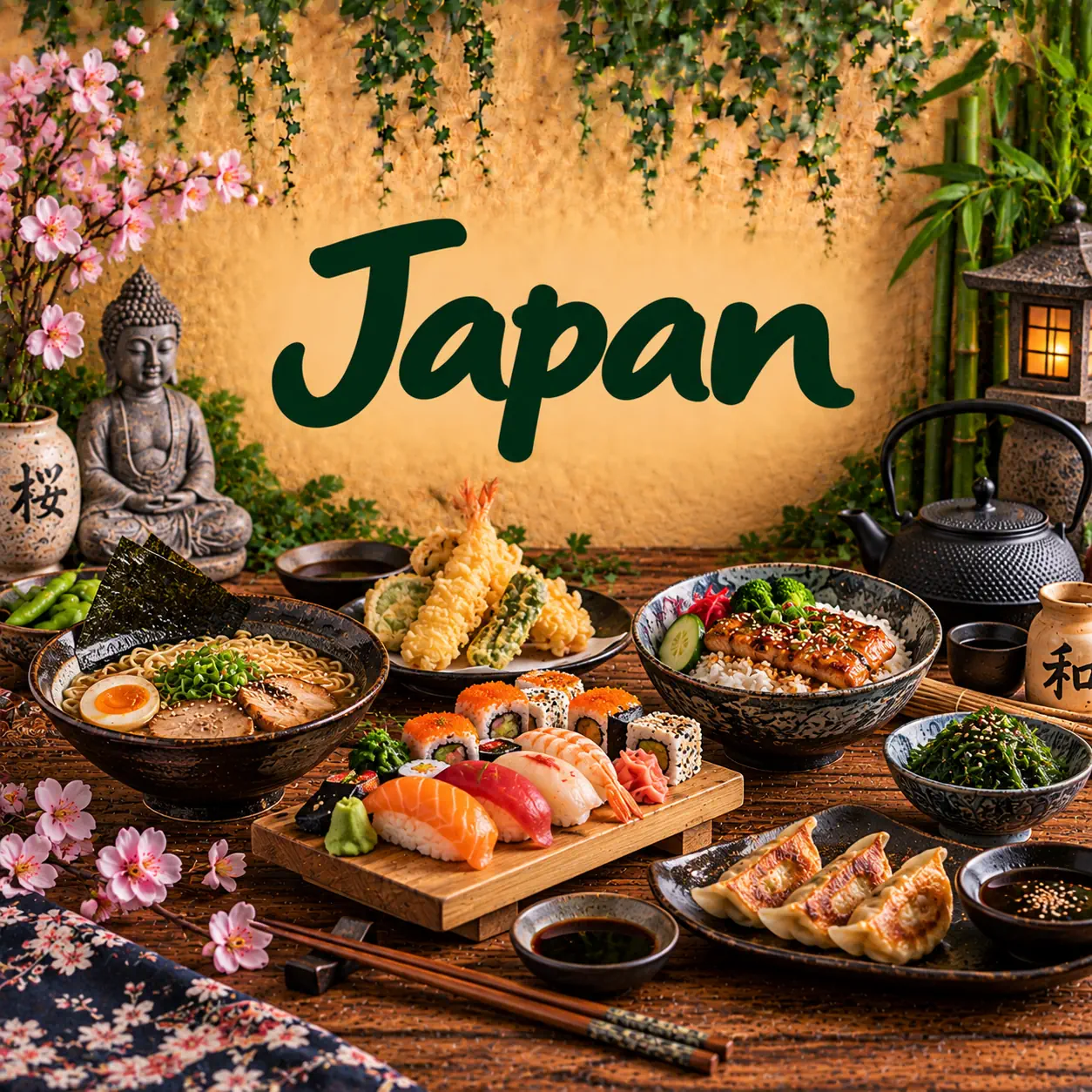 Japanse gerechten met sushi, ramen, tempura, gyoza, rijst, vis, zeewier en groenten op een rustieke houten tafel