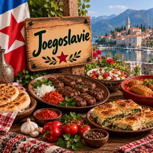 Joegoslavische recepten met ćevapi, ajvar, gevulde kool, hartige deeggerechten, salade, paprika en traditionele Balkangerechten op een rustieke houten tafel