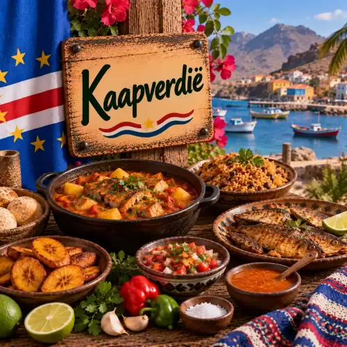 Kaapverdische recepten met cachupa, gegrilde vis, rijst, bonen, bakbananen, groenten en traditionele eilandgerechten op een rustieke houten tafel