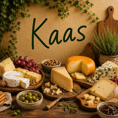 Verschillende soorten kaas zoals harde kaas, zachte kaas, blauwschimmelkaas en geitenkaas met druiven, noten, olijven en kruiden op een rustieke houten tafel