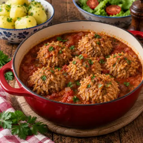 Kalfsegelballetjes met een stekelig laagje rijst in een warme tomatensaus