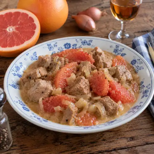 Kalfsstoofpot met mals kalfsvlees, grapefruit, sjalot en romige saus