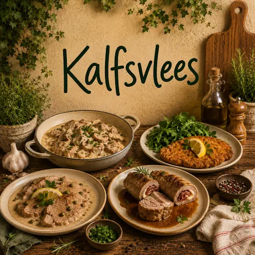 Verschillende gerechten met kalfsvlees zoals kalfsschnitzel, kalfsrolletjes en kalfsvlees met champignons, citroen, kruiden en saus op een rustieke houten tafel