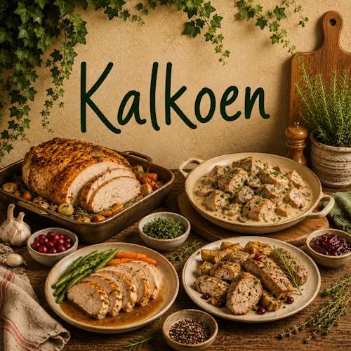 Verschillende gerechten met kalkoen zoals gebraden kalkoen, kalkoenfilet en kalkoen in romige saus met groenten, kruiden en cranberry's op een rustieke houten tafel