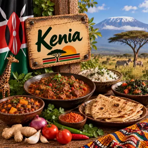 Keniaanse recepten met nyama choma, sukuma wiki, rijst, bonen, chapati, groenten en traditionele Oost-Afrikaanse gerechten op een rustieke houten tafel