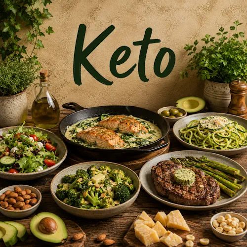 Keto gerechten met vlees, vis, eieren, avocado, groenten, kaas en noten op een rustieke houten tafel
