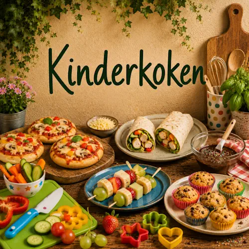 Kindvriendelijke gerechten zoals mini pizza's, wraps, fruitspiesjes, groenten en muffins met kleurrijk keukengerei op een rustieke houten tafel