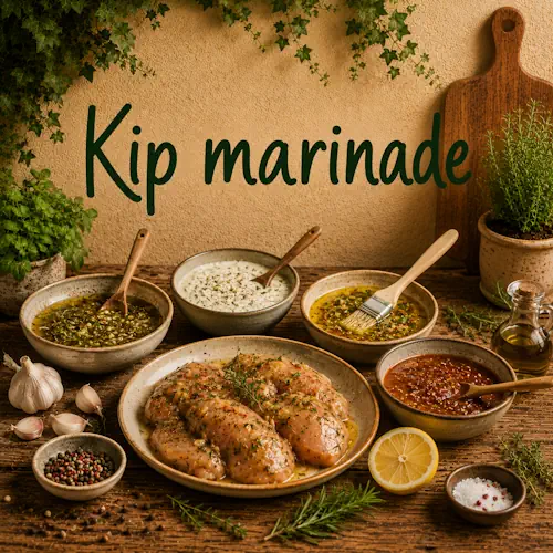 Verschillende kip marinades met kruiden, knoflook, citroen, olie en specerijen met gemarineerde kip op een rustieke houten tafel