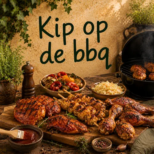 Kip van de barbecue met gegrilde kipfilet, kippenpoten, kippendijen en kipspiesjes met groenten en kruiden op een rustieke houten tafel