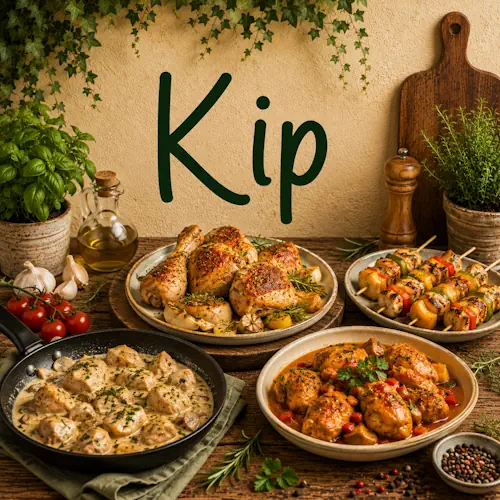Verschillende gerechten met kip zoals gebraden kip, kipspiesjes, kip in romige saus en kruidige kip met groenten op een rustieke houten tafel