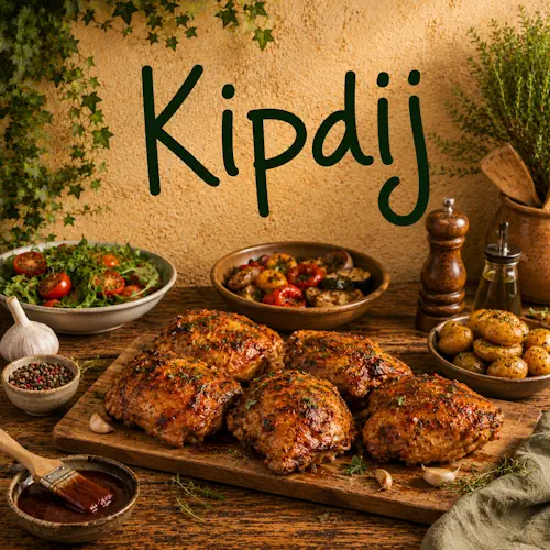 Bereide kipdijen met kruiden, knoflook, geroosterde groenten, aardappelen en salade op een rustieke houten tafel