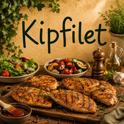 Bereide kipfilets met kruiden, knoflook, gegrilde groenten en salade op een rustieke houten tafel