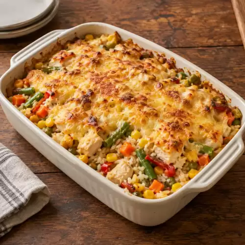 Kipovenschotel met zoete maïs, doperwten, wortel, paprika, groene olijven en kaas