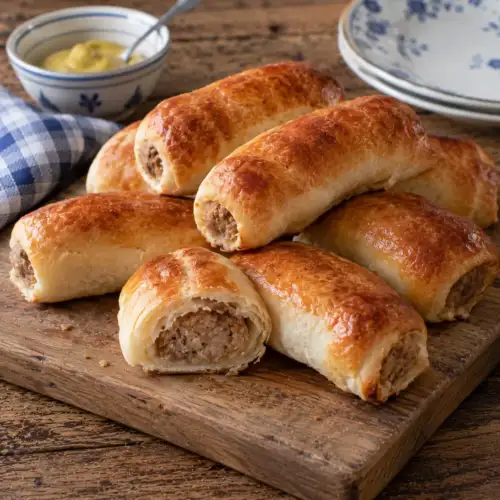 Klassieke worstenbroodjes van zacht brooddeeg gevuld met gekruid varkensgehakt