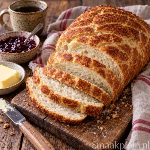 Knapperig wit tijgerbrood uit de broodbakmachine met een gebarsten goudbruine tijgerkorst en zachte witte kruim