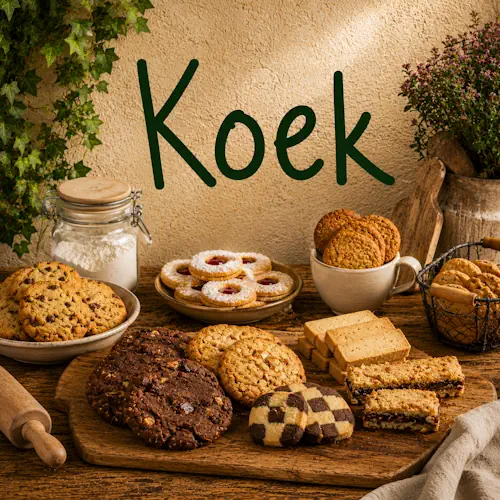 Verschillende soorten koek zoals chocoladekoekjes, havermoutkoekjes, zandkoekjes en gevulde koekjes op een rustieke houten tafel