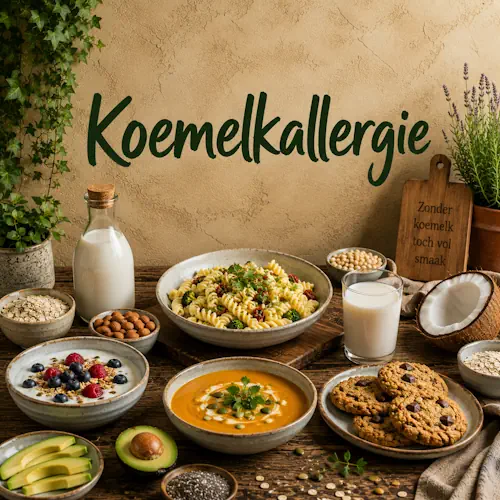 Gerechten zonder koemelk met pasta, soep, plantaardige yoghurt, koekjes, avocado, noten en plantaardige alternatieven op een rustieke houten tafel