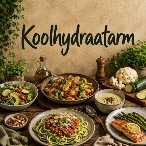 Koolhydraatarme gerechten met kip, zalm, courgette, bloemkool, avocado, salade en noten op een rustieke houten tafel