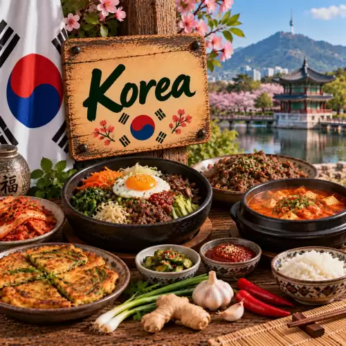 Koreaanse recepten met bibimbap, bulgogi, kimchi, rijst, pannenkoekjes, groenten en traditionele Koreaanse gerechten op een rustieke houten tafel
