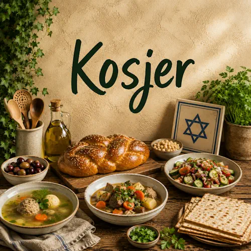 Kosjere gerechten met challah, soep, stoofgerecht, salade, matzes, kikkererwten en olijven op een rustieke houten tafel