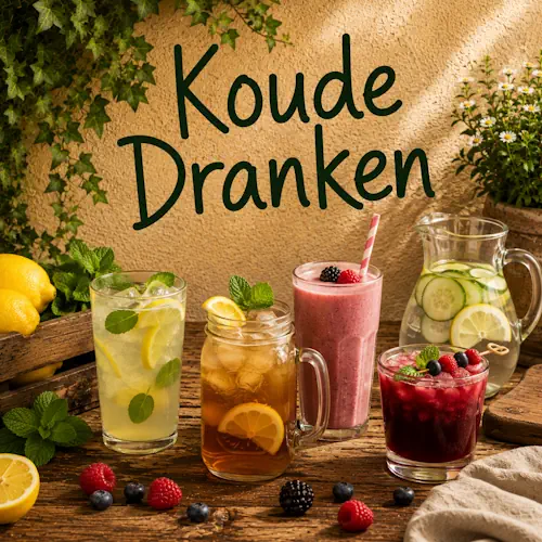 Verschillende koude dranken met citroen, munt, komkommer, bessen, ijs en vers fruit op een rustieke houten tafel