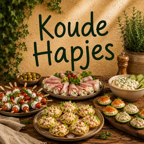 Verschillende koude hapjes met zalm, komkommer, ham, kaas, tomaat, olijven en kleine gevulde hapjes op een rustieke houten tafel