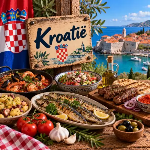 Kroatische recepten met gegrilde vis, zeevruchten, ćevapi, aardappelen, salade, olijven en mediterrane gerechten op een rustieke houten tafel