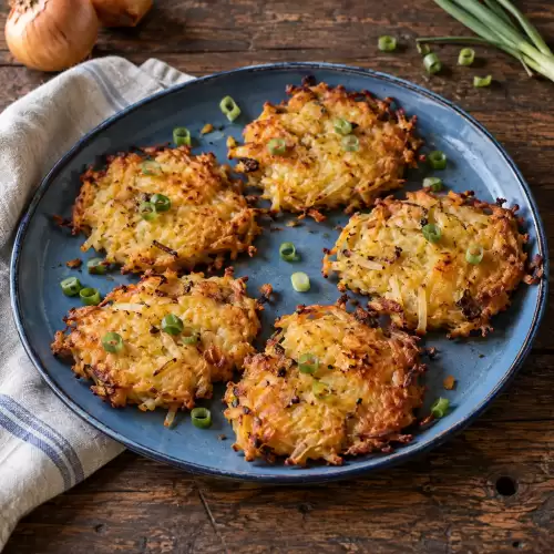 Krokante aardappelkoekjes uit de airfryer met Goudse kaas, ui en knoflook