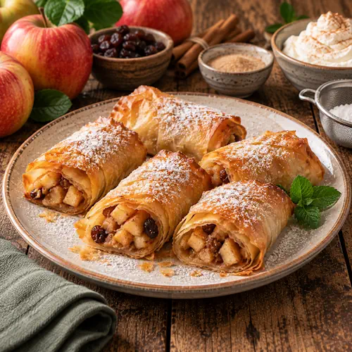 Krokante appelstrudeltjes van filodeeg gevuld met appel, rozijnen en kaneel