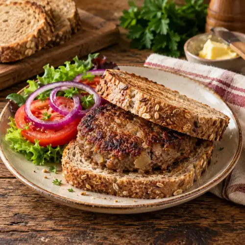 Krokante broodburgers met rundergehakt, ui en peterselie op kleine broodjes