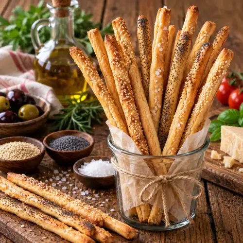 Krokante Italiaanse grissini met sesamzaad, maanzaad en grof zeezout