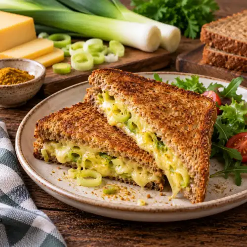 Krokante tosti met gesmolten kaas en dunne ringetjes prei op bruinbrood