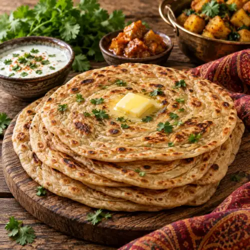 Krokante Indiase paratha met volkorenmeel en deeg bereid in de broodbakmachine