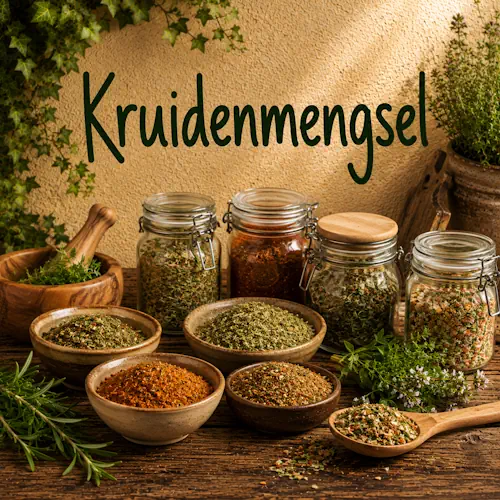 Verschillende zelfgemaakte kruidenmengsels met gedroogde kruiden, specerijen en verse kruiden in schaaltjes en glazen potten op een rustieke houten tafel