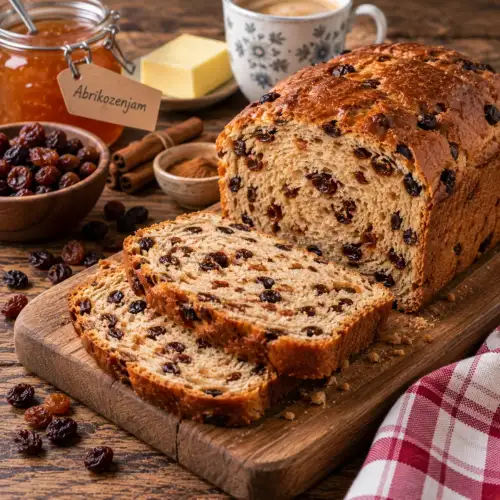 Kruidige krenten-rozijnenmik met abrikozenjam, kaneel, krenten en rozijnen uit de broodbakmachine