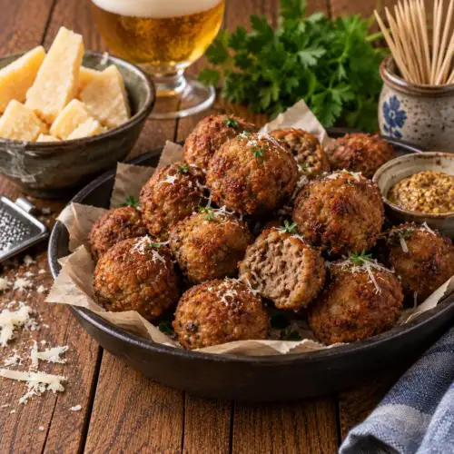Kruidige runderbitterballen met Parmezaanse kaas, kerrie en oregano goudbruin gebakken in de koekenpan