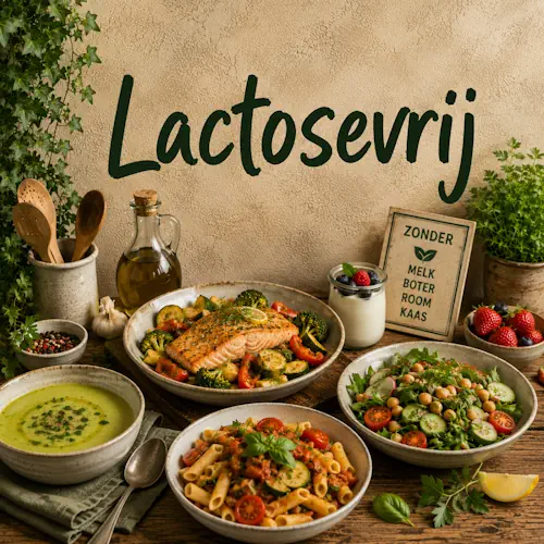 Lactosevrije gerechten met zalm, groenten, soep, pasta, salade en plantaardige alternatieven op een rustieke houten tafel