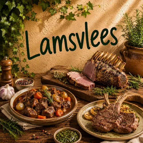 Verschillende gerechten met lamsvlees zoals lamskoteletten, lamsrack en gestoofd lamsvlees met groenten en verse kruiden op een rustieke houten tafel